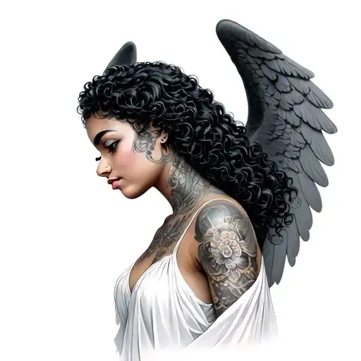 female Latina angel with curly hair tattoo design idea