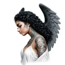 female Latina angel with curly hair tattoo design idea