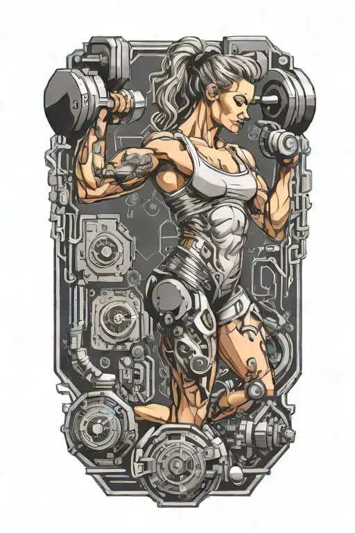 aesthetic bodybuilder muscular women lifting weight dumbell with technology circuits vectors board merging tattoo design idea