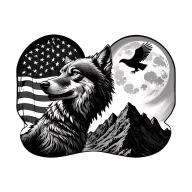 wolf with moon and mountain range and American flag with bald eagle silhouette tattoo design idea
