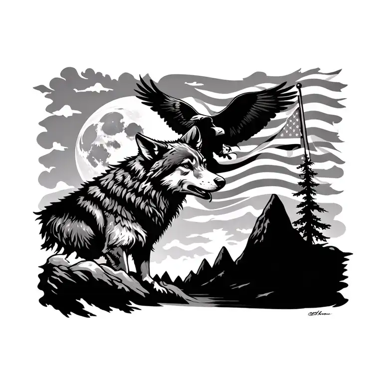wolf with moon and mountain range and American flag with bald eagle silhouette tattoo design idea