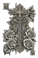 Religious cross wrapped in roses and thorns with the name Lachapelle on a scroll on the cross tattoo design idea