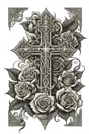 Religious cross wrapped in roses and thorns with the name Lachapelle on a scroll on the cross tattoo design idea