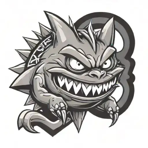 gengar, money, street sign intertwined tattoo design idea