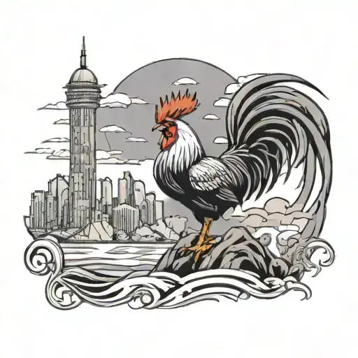 A black-grey tattoo design featuring a rooster perched on a mountain peak with a Detroit skyline and ocean waves below tattoo design idea