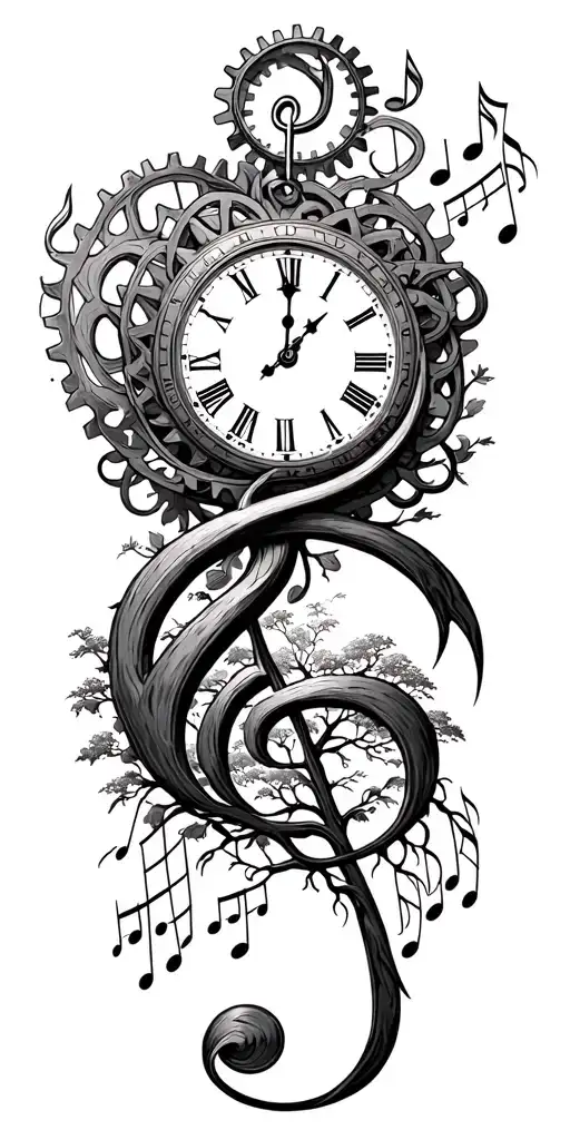 music notes intertwined around a treble clef, VII.III.MMIV, ancient clock with gears on top and tree at the bottom, hope tattoo design idea