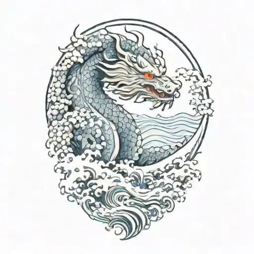 a Japanese dragon, against the background of Hokusai's Great Wave print tattoo design idea