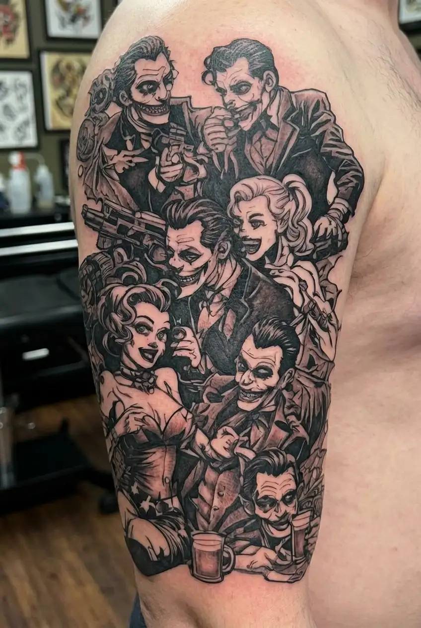 the joker and Marylin Monroe playing Russian roulette while Harley Quinn and Batman are hiding and fucking tattoo design idea