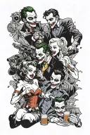 the joker and Marylin Monroe playing Russian roulette while Harley Quinn and Batman are hiding and fucking tattoo design idea