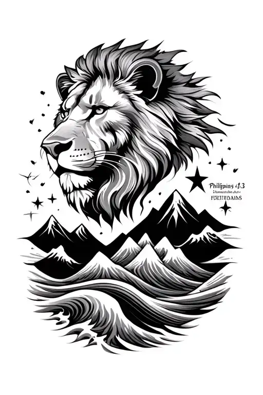 thin line upper arm, include the scripture Phillippians 4:13 and has designs of a lion head, mountains, waves and star tattoo design idea