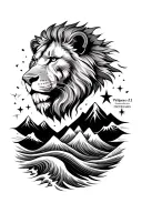 thin line upper arm, include the scripture Phillippians 4:13 and has designs of a lion head, mountains, waves and star tattoo design idea