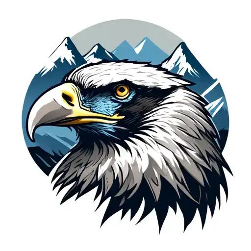 Create a tattoo template to me. In the tattoo, 5 mountain peaks should be an eagle possibly eagle head with blue Aug tattoo design idea