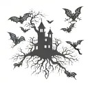 poison tree with bats flying together tattoo design idea