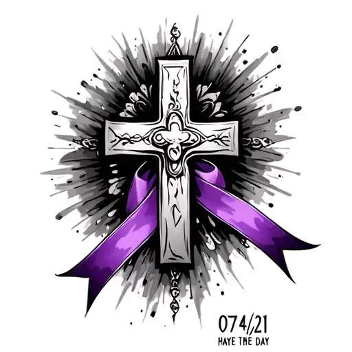 A cross with a purple ribbon tide on the bottom and have the day 07/24/21 on the side of the cross tattoo design idea