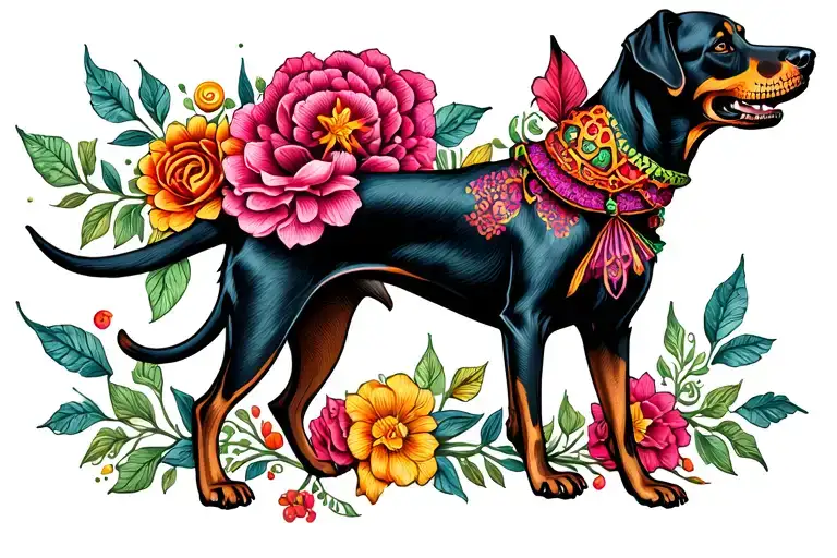 Xoloitzcuintli Black Labrador Dia de los Muertos Colorful traditional Style Tattoo tattoo design idea
