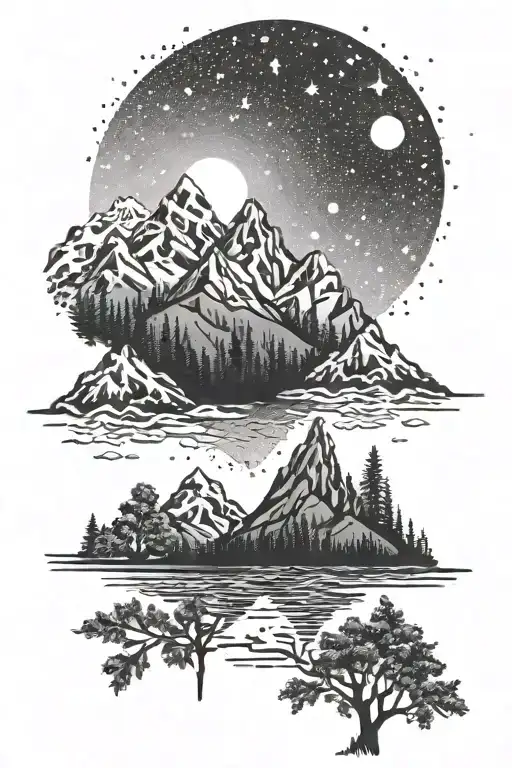 mountains with river forest in foreground; above galaxy stars and or blasting quasar  tattoo design idea