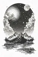 mountains with river forest in foreground; above galaxy stars and or blasting quasar  tattoo design idea