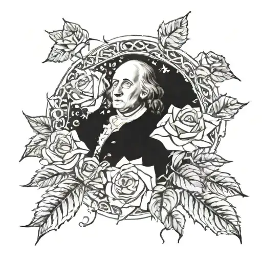 Benjamin Franklin Money inside of Rose &Thorn covered vine sparkles & stars surrounding entirely  tattoo design idea