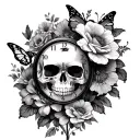 skull, flowers, girly, clocks butterfly's tattoo design idea