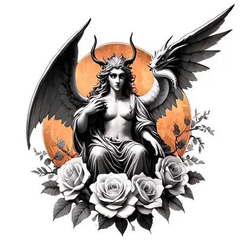 A tattoo, a combination of an angel hit the ground, a winged dragon and a wise devil with copper background of rose and blossom flowers tattoo design idea