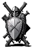 half crusader shield and half flak vest with crusade sword and m16 m4 crossed behind tattoo design idea