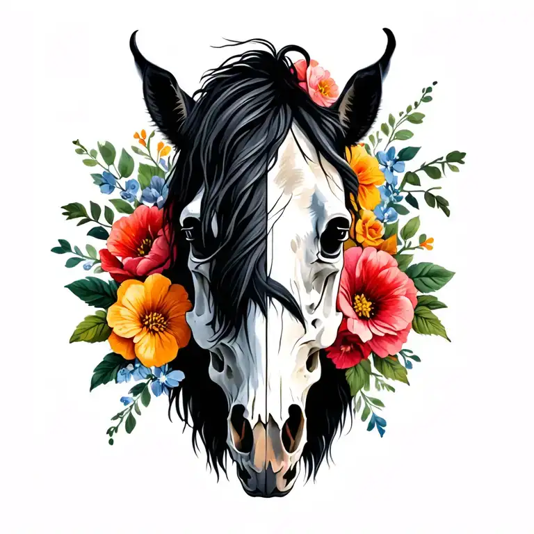 half horse head with half horse skull and flowers around it tattoo design idea