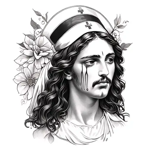Create a feminine and elegant sleeve tattoo for a woman with the following individual pictures of: a crying nurse, Jesus tattoo design idea
