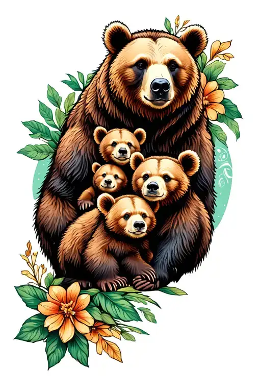 mamma bear and cubs surrounded tattoo design idea
