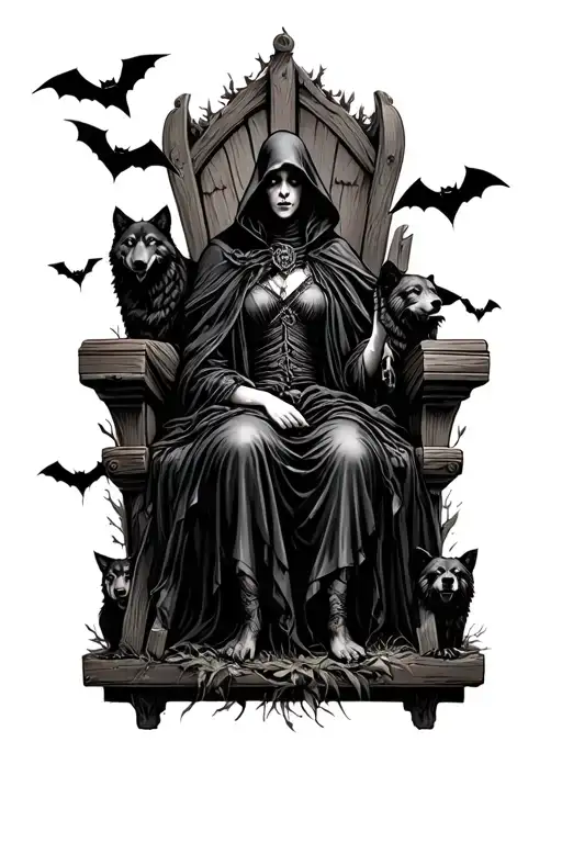 Dark gothic Mother Nature, almost dressed as grim reaper sitting in a throne with bats wolves bears surrounding tattoo design idea