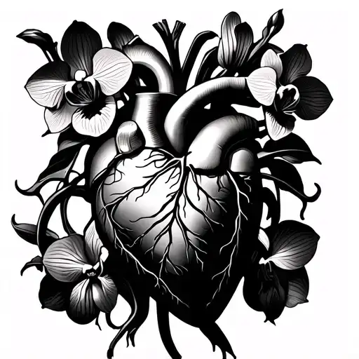 Anatomically Correct Heart With Orchids Coming Out Of The Big Veins Like Vases For The Flower Tattoo tattoo design idea