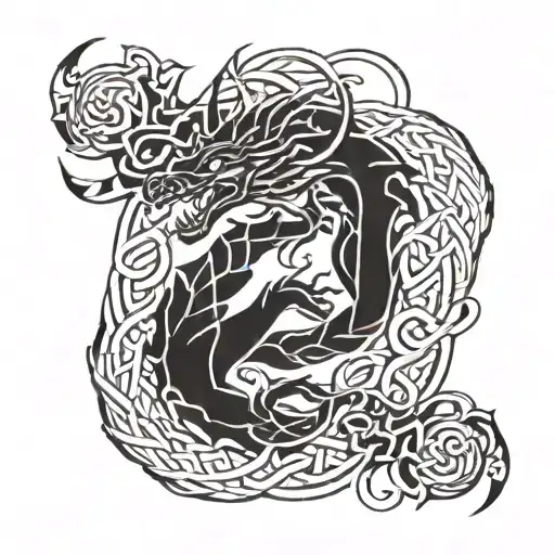 A mythical dragon with two heads intertwined with intricate Celtic knots tattoo design idea