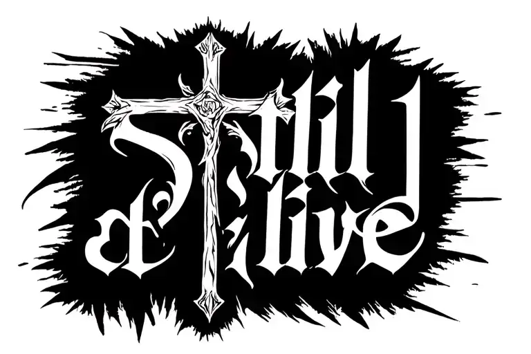 cross on its side behind the words still alive tattoo design idea