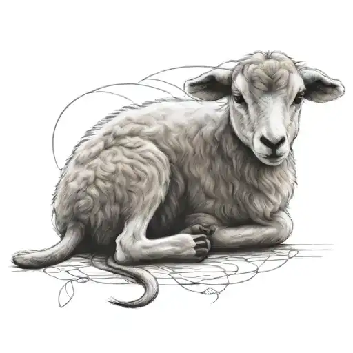 delicate lamb laying down fine line tattoo design idea