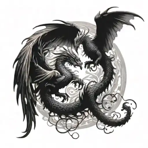 dragon & pheonix entangled fight in air tattoo design idea