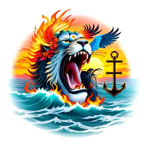open lion mouth with japanese geisha inside with phoenix with sunset sunrise ocean and anchor and flames tattoo design idea
