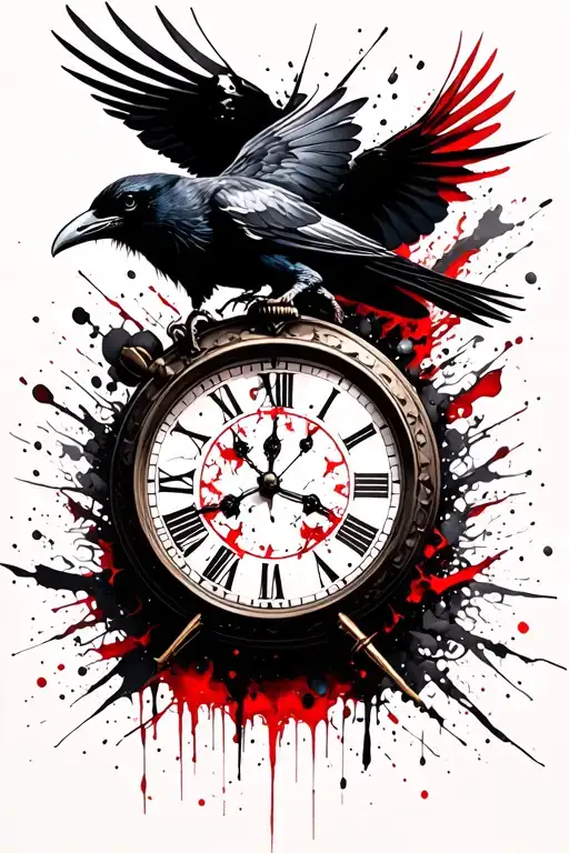 Flying raven under it destroying pocket clock tattoo design idea