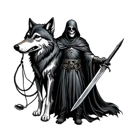 grim reaper holding sword in right hand and leash of wolf in his left hand tattoo design idea