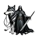 grim reaper holding sword in right hand and leash of wolf in his left hand tattoo design idea