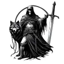 grim reaper holding sword in right hand and leash of wolf in his left hand tattoo design idea