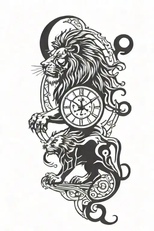 lion with clock, cross and moon tattoo design idea