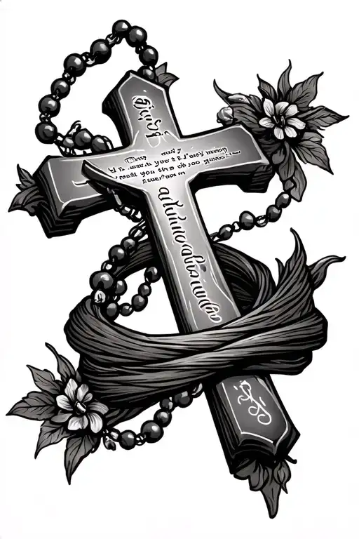 cross with rosary wrapped and bible verse tattoo design idea
