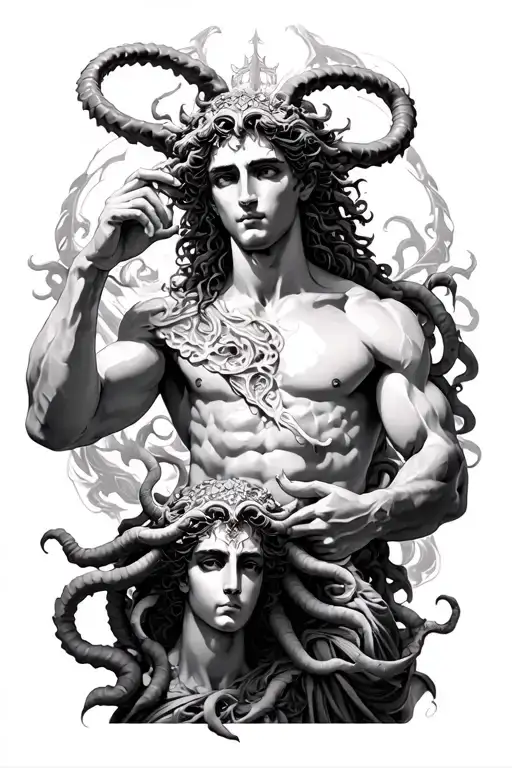 Perseus full body holding the head of Medusa tattoo design idea