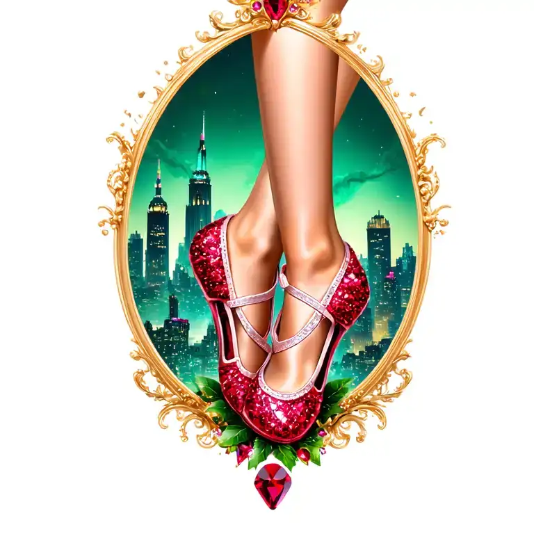 two sparkling ruby ballet slippers with emerald city in the background tattoo design idea