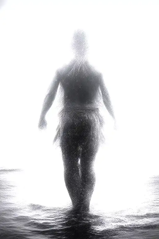 A Silhouette Of muscular Jesus Walking On Water, realistic, veiw from the back, Symbolizing Faith And Strength Tattoo tattoo design idea