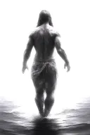 A Silhouette Of muscular Jesus Walking On Water, realistic, veiw from the back, Symbolizing Faith And Strength Tattoo tattoo design idea