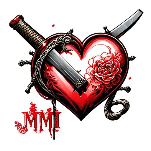 "MMI" katana stabbed heart shaped lock tattoo design idea