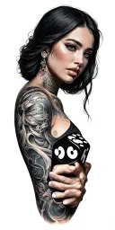 dice tha roll and say lucky with one woman roling them kai and a frace tha say trust no one tattoo design idea