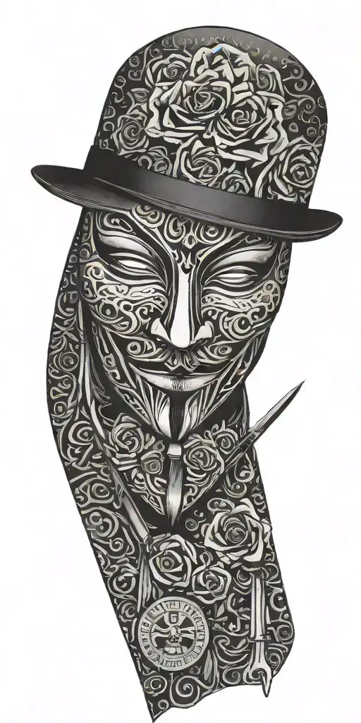 v for vendetta mask, hat with women holding knifes, rosses. qr code tattoo design idea