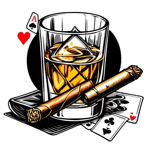 whiskey glass with bullet cigar and playing cards tattoo design idea