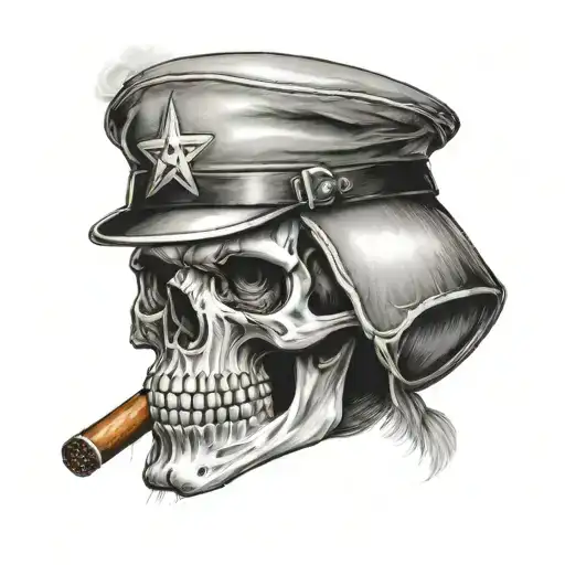 A skull wearing ww2 helmet smoking a cigar tattoo design idea